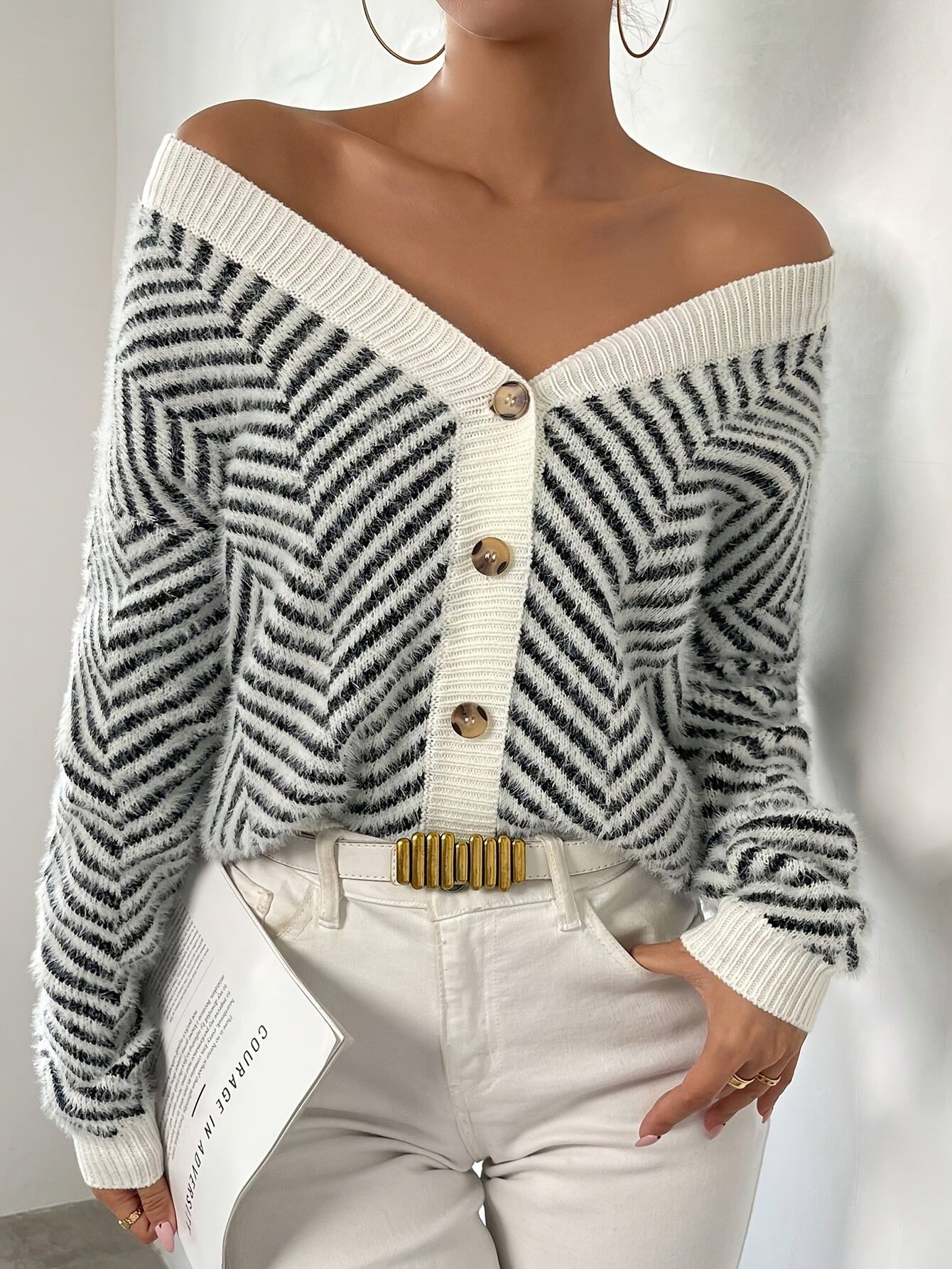 Striped Drop Shoulder Button Front Cardigan, Elegant V Neck Long Sleeve Cardigan For Fall & Winter, Women's Clothing