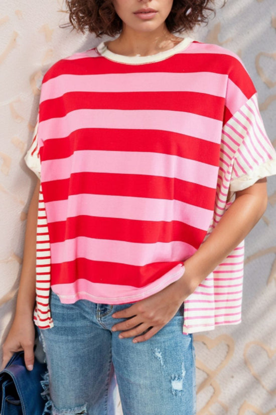 Stripe Side Slit Round Neck T-Shirt - MyEmpired