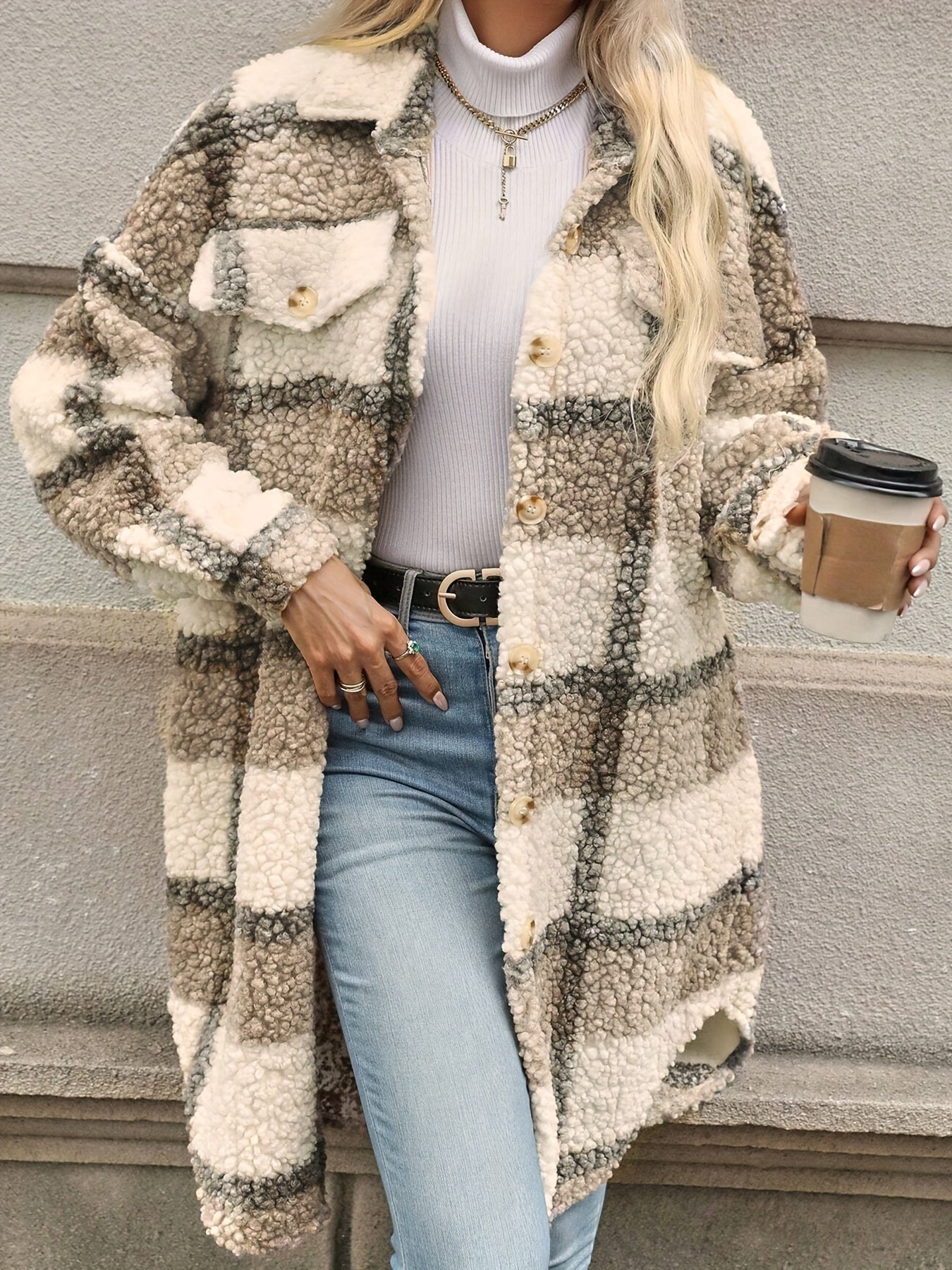 Plaid Pattern Button Front Fuzzy Jacket, Casual Thermal Long Sleeve Long Length Collar Coat For Fall & Winter, Women's Clothing