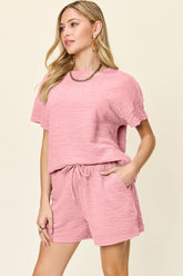 Double Take Full Size Texture Short Sleeve T-Shirt and Drawstring Shorts Set - MyEmpired
