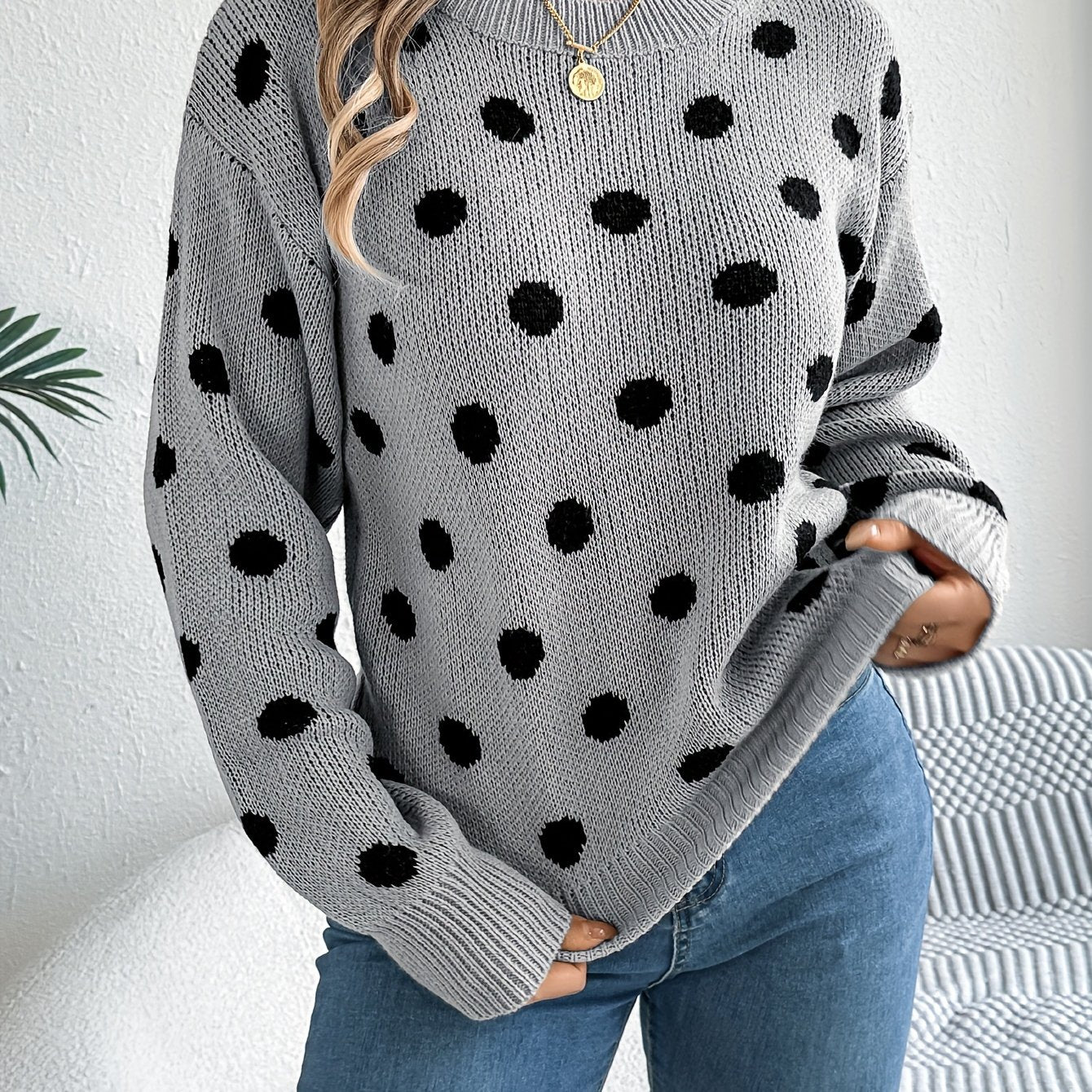 Women's Autumn Winter Knit Long Sleeve Crew Neck Sweater With Dot Pattern, Soft Acrylic Fabric, Elegant Casual Wear