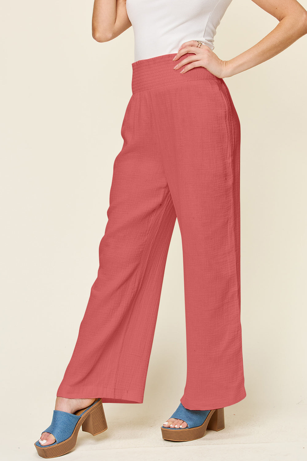 Double Take Full Size Texture Smocked Waist Wide Leg Pants - MyEmpired
