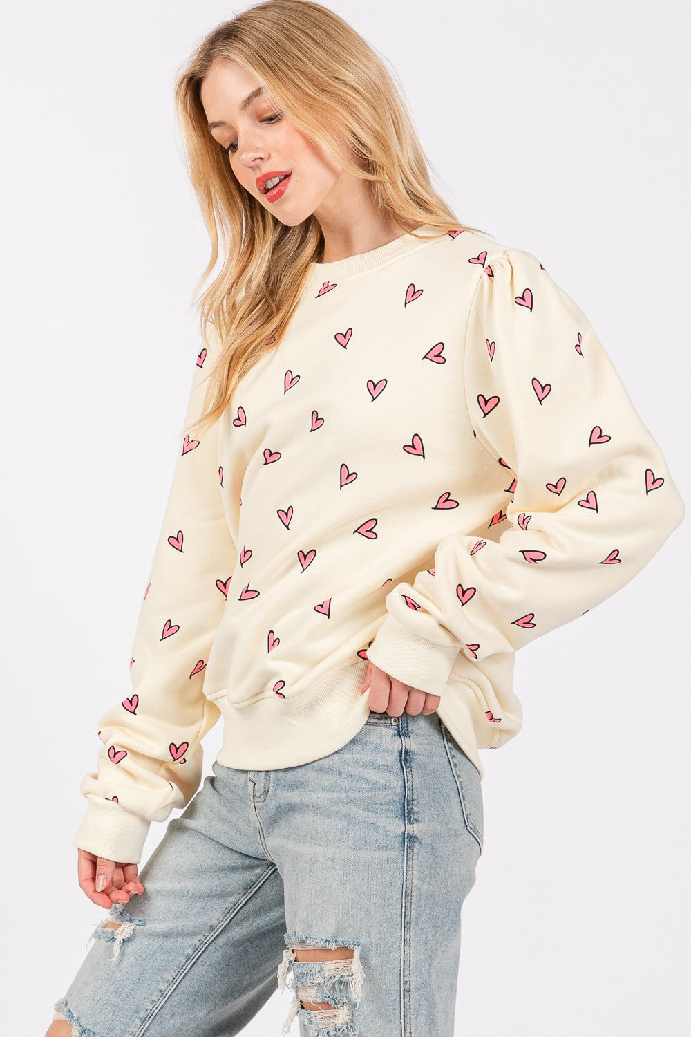 SAGE + FIG Heart Printed Contrast Long Sleeve Sweatshirt - MyEmpired