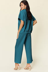Double Take Full Size Texture Half Zip Short Sleeve Top and Pants Set - MyEmpired