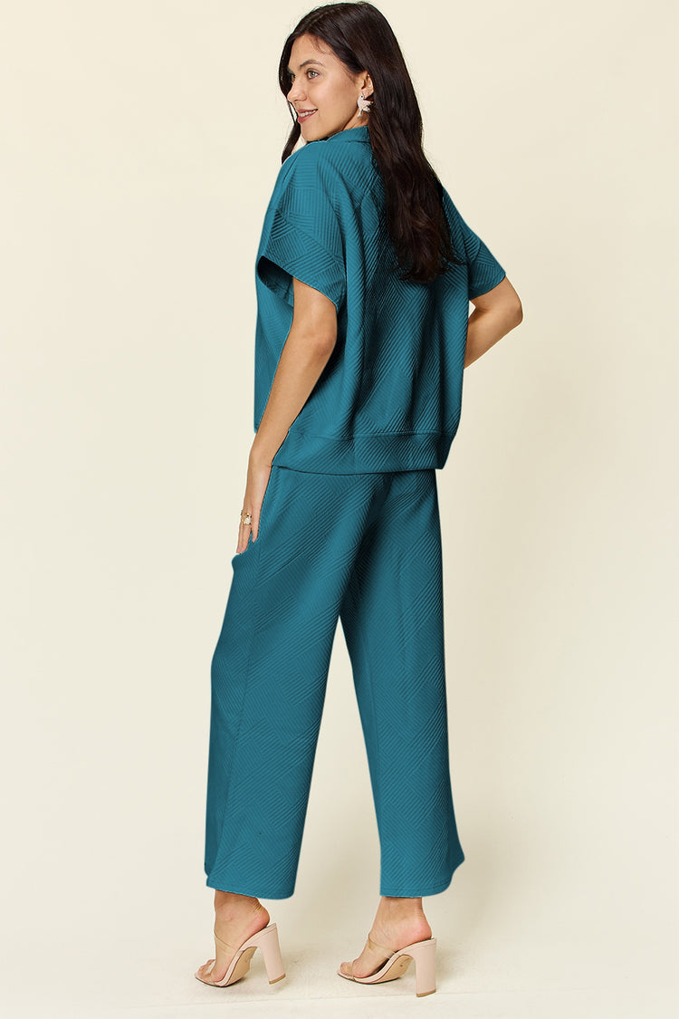 Double Take Full Size Texture Half Zip Short Sleeve Top and Pants Set - MyEmpired