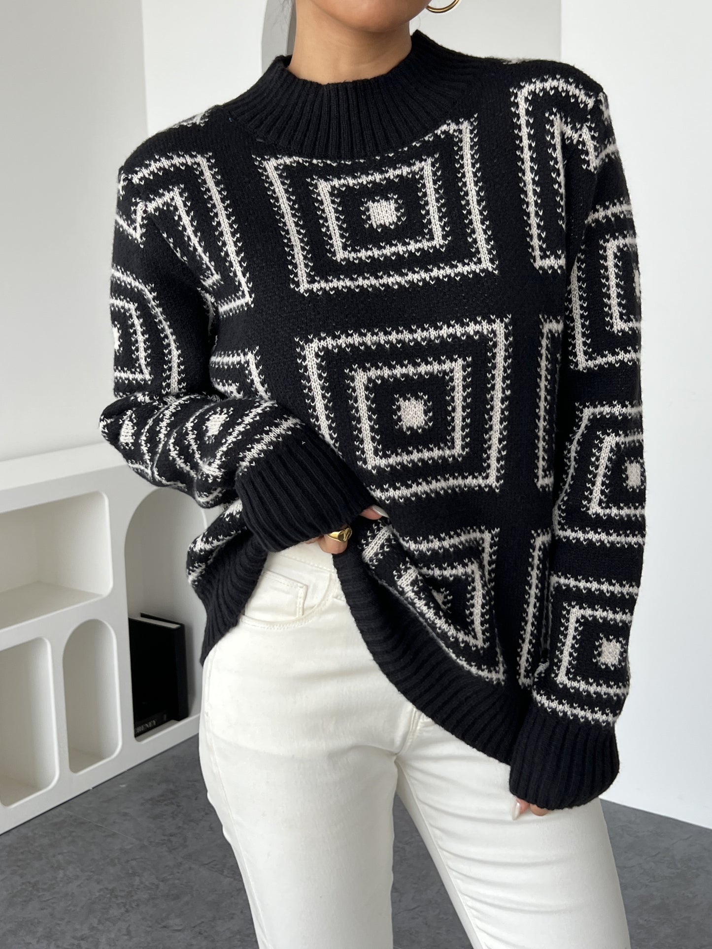 Geometric Pattern Mock Neck Sweater, Elegant Long Sleeve Sweater For Fall & Winter, Women's Clothing