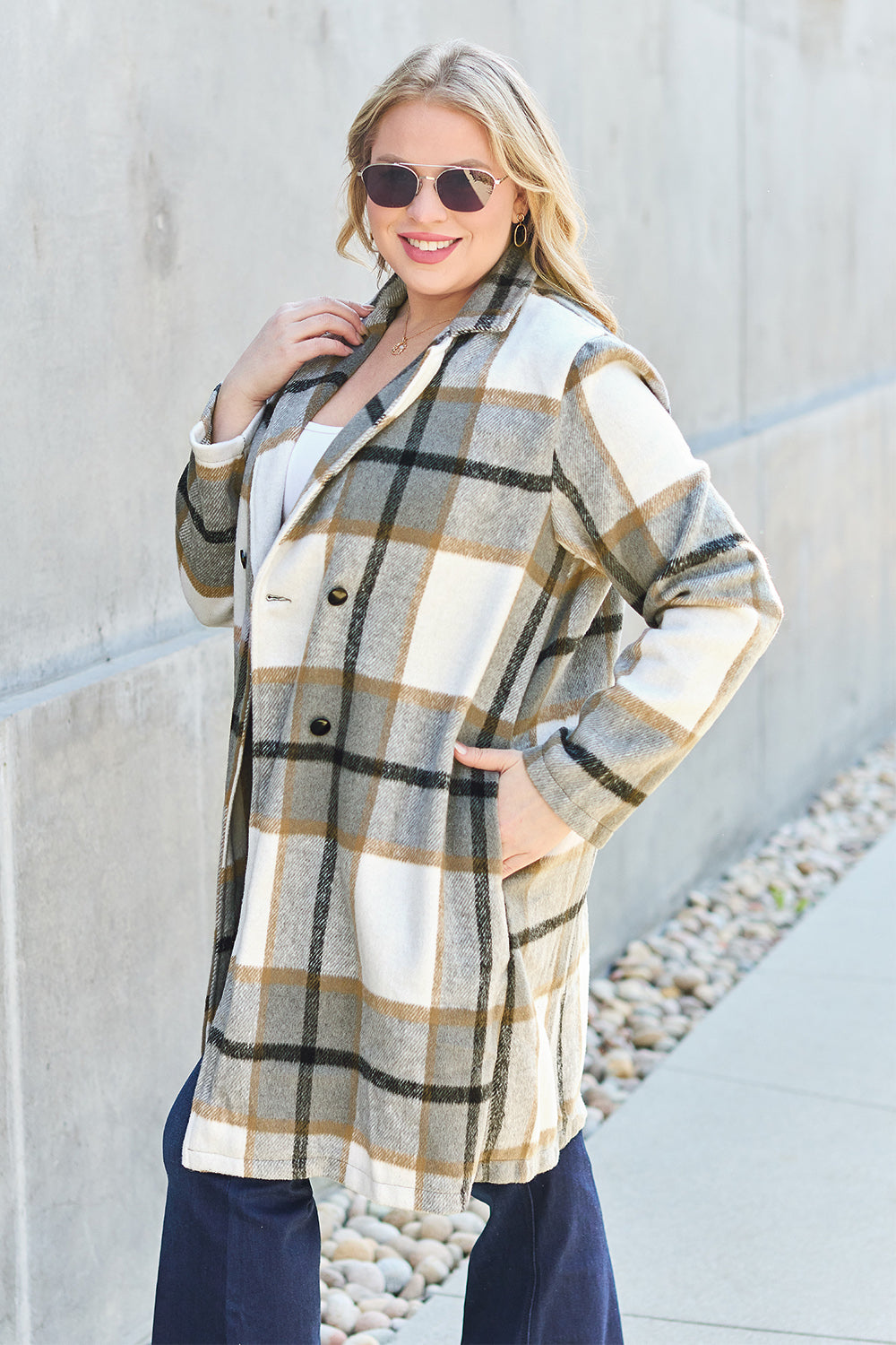Double Take Full Size Plaid Button Up Lapel Collar Coat - MyEmpired