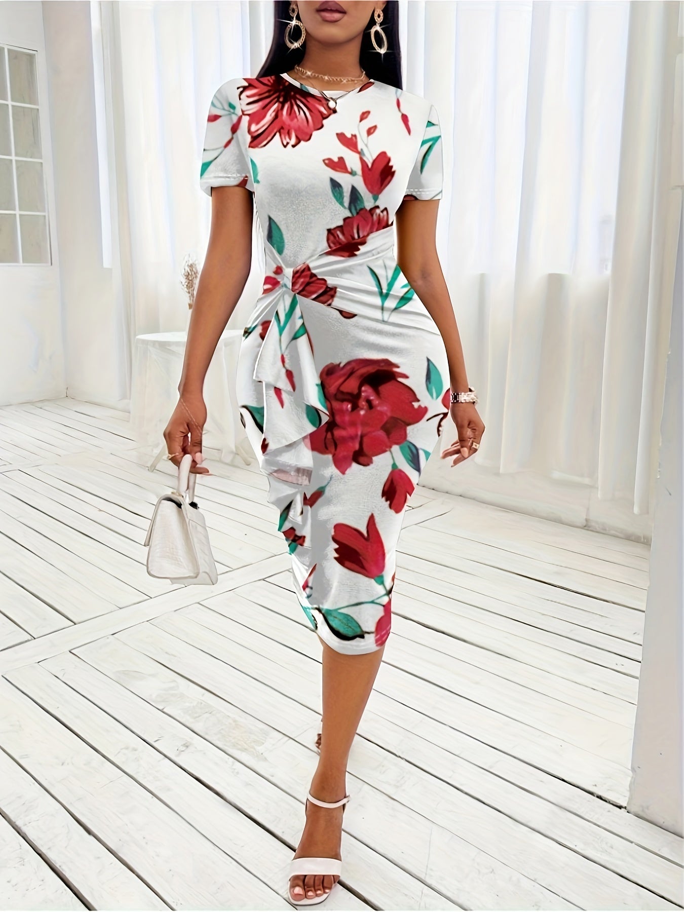 Floral Print Knot Bodycon Dress