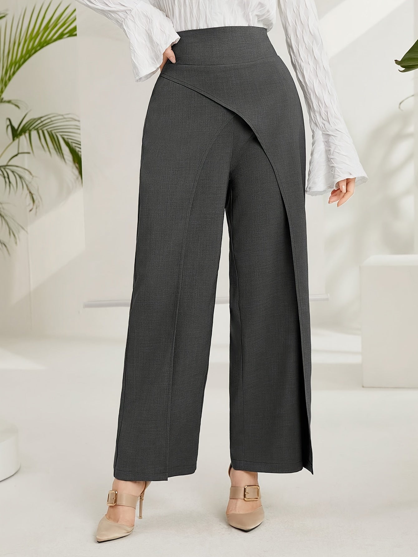 Solid Wide Leg Layered Pants, Elegant High Waist Loose Pants For Spring & Summer, Women's Clothing