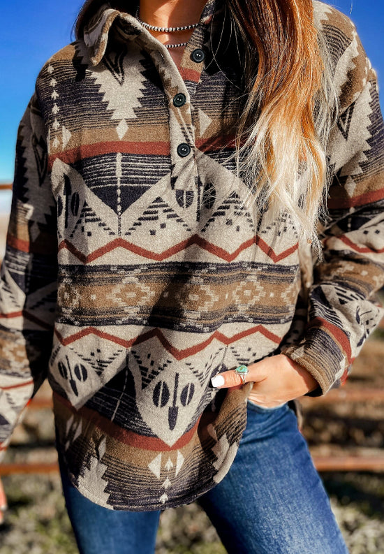 Geometric Half Button Long Sleeve Sweatshirt - MyEmpired
