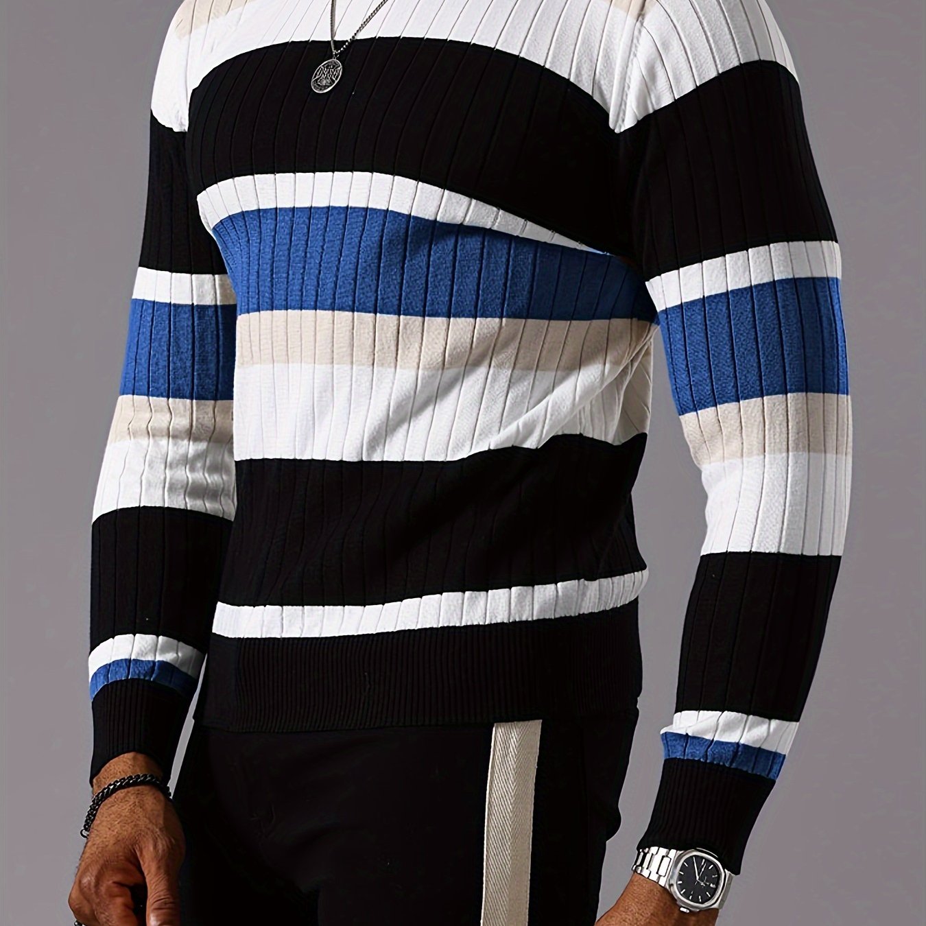 Men's Casual Striped Color Block Long Sleeve Knit Pullover - Round Neck, Machine Washable, Striped, Round Neck, Long Sleeve, Knit Sweater