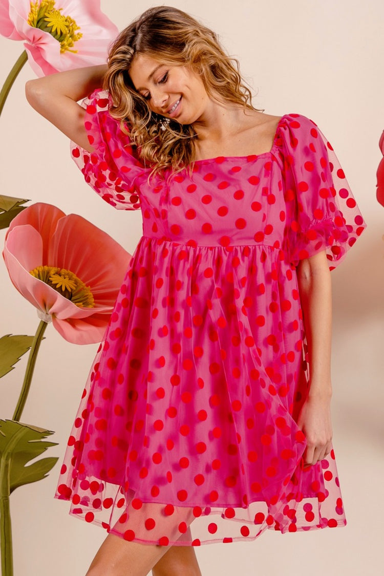 BiBi Polka Dot Mesh Puff Sleeve Dress - MyEmpired