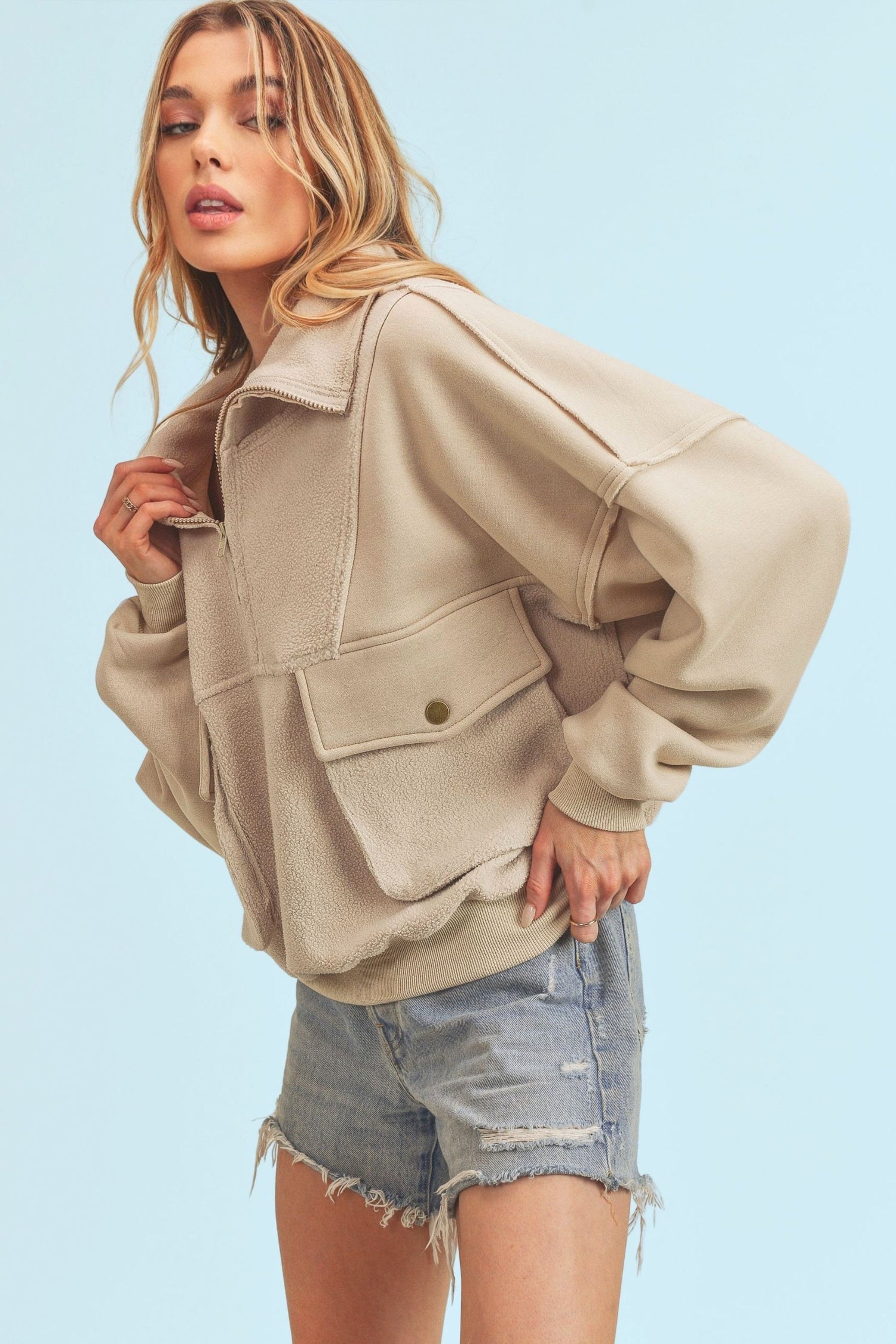 Aemi + Co Exposed Seam Half Zip Sweatshirt with Pockets - MyEmpired