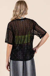 GeeGee Round Neck Drop Shoulder Mesh Glitter Top - MyEmpired