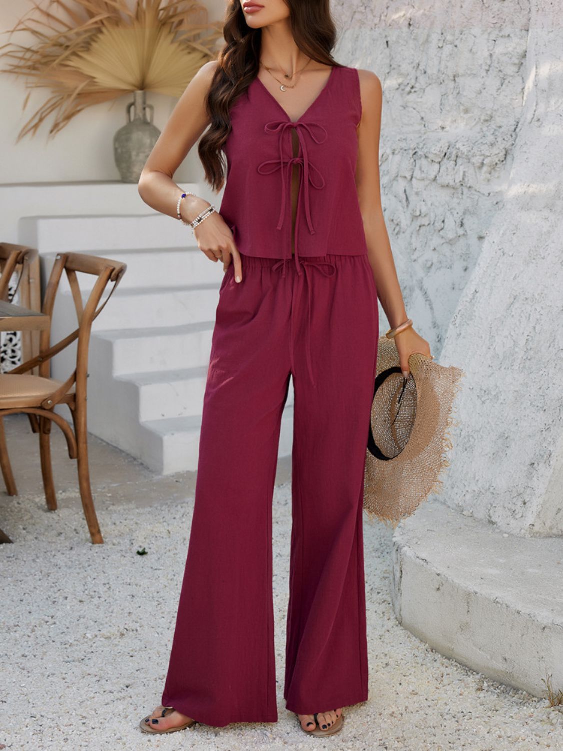 Devine Tied V-Neck Sleeveless Top and Pants Set - MyEmpired