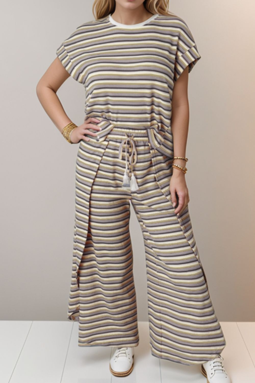 Striped Round Neck Short Sleeve Top and Pants Set - MyEmpired