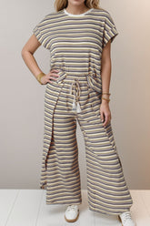Striped Round Neck Short Sleeve Top and Pants Set - MyEmpired
