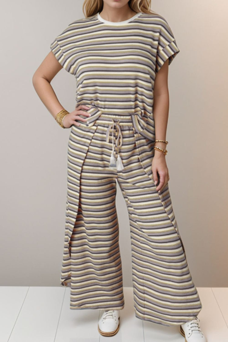 Striped Round Neck Short Sleeve Top and Pants Set - MyEmpired