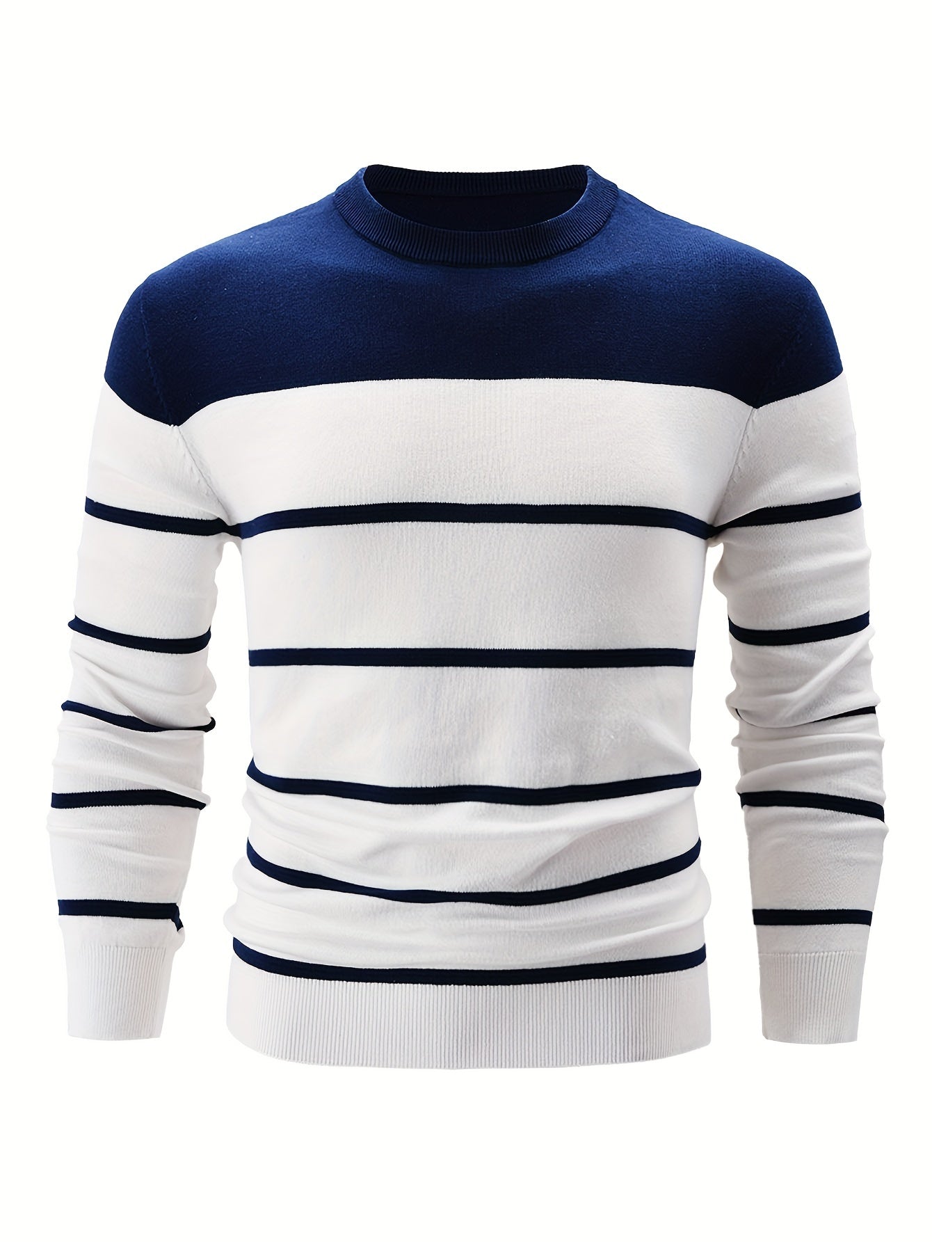 Men's Casual Striped Crew Neck Sweater - 100% Cotton Knit Fabric, Long Sleeve, Regular Fit Pullover with Medium Stretch