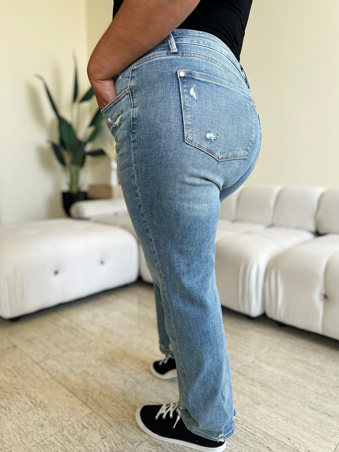 Judy Blue Full Size Mid Rise Distressed Straight Jeans - MyEmpired