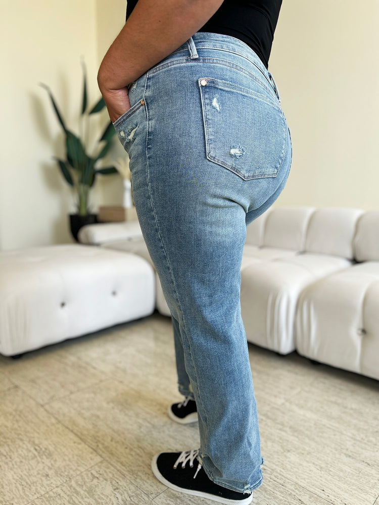 Judy Blue Full Size Mid Rise Distressed Straight Jeans - MyEmpired