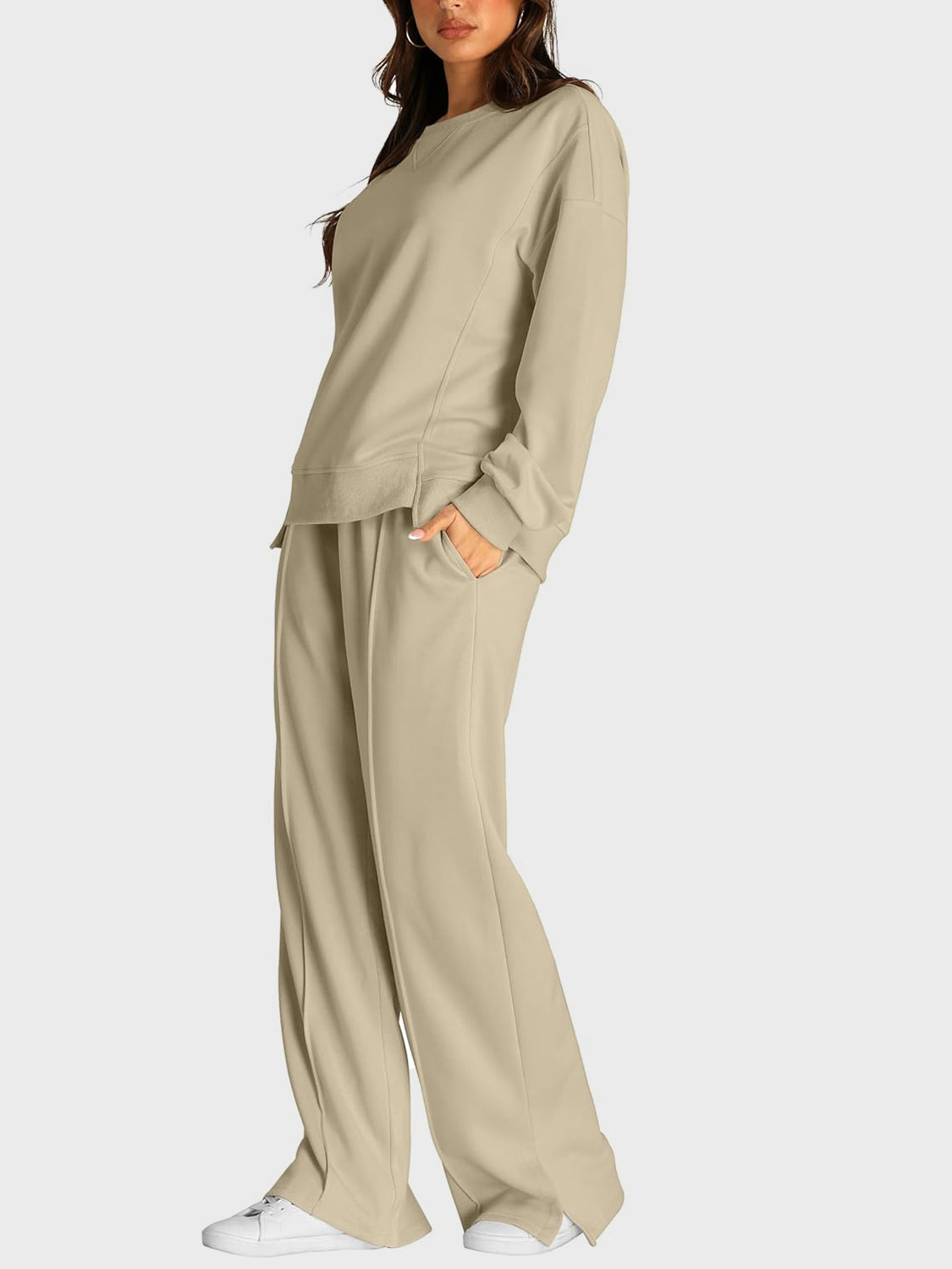 Round Neck Long Sleeve Top and Slit Pants Set - MyEmpired