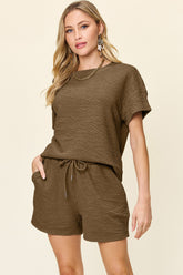 Double Take Full Size Texture Short Sleeve T-Shirt and Drawstring Shorts Set - MyEmpired