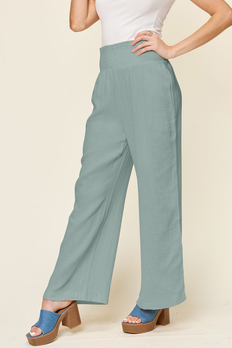 Double Take Full Size Texture Smocked Waist Wide Leg Pants - MyEmpired