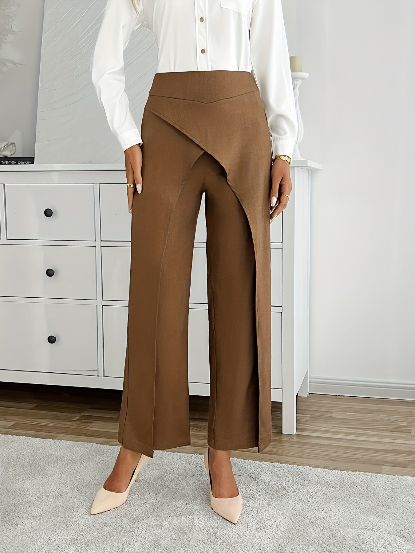 Solid Wide Leg Layered Pants, Elegant High Waist Loose Pants For Spring & Summer, Women&