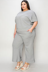 Double Take Full Size Texture Short Sleeve Top and Pants Set - MyEmpired