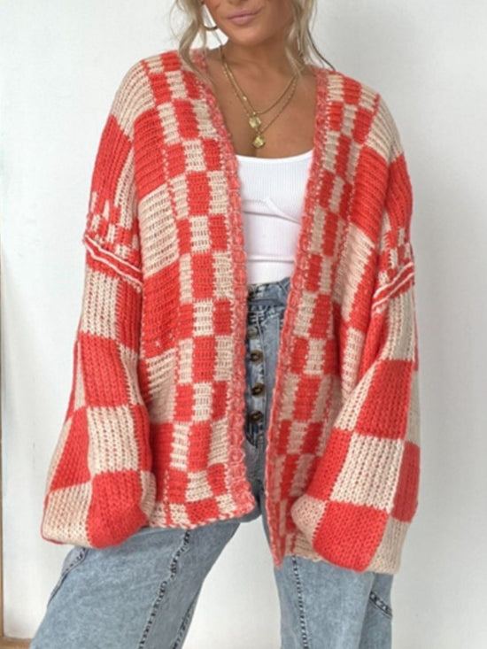 Plaid Open Front Long Sleeve Cardigan - MyEmpired