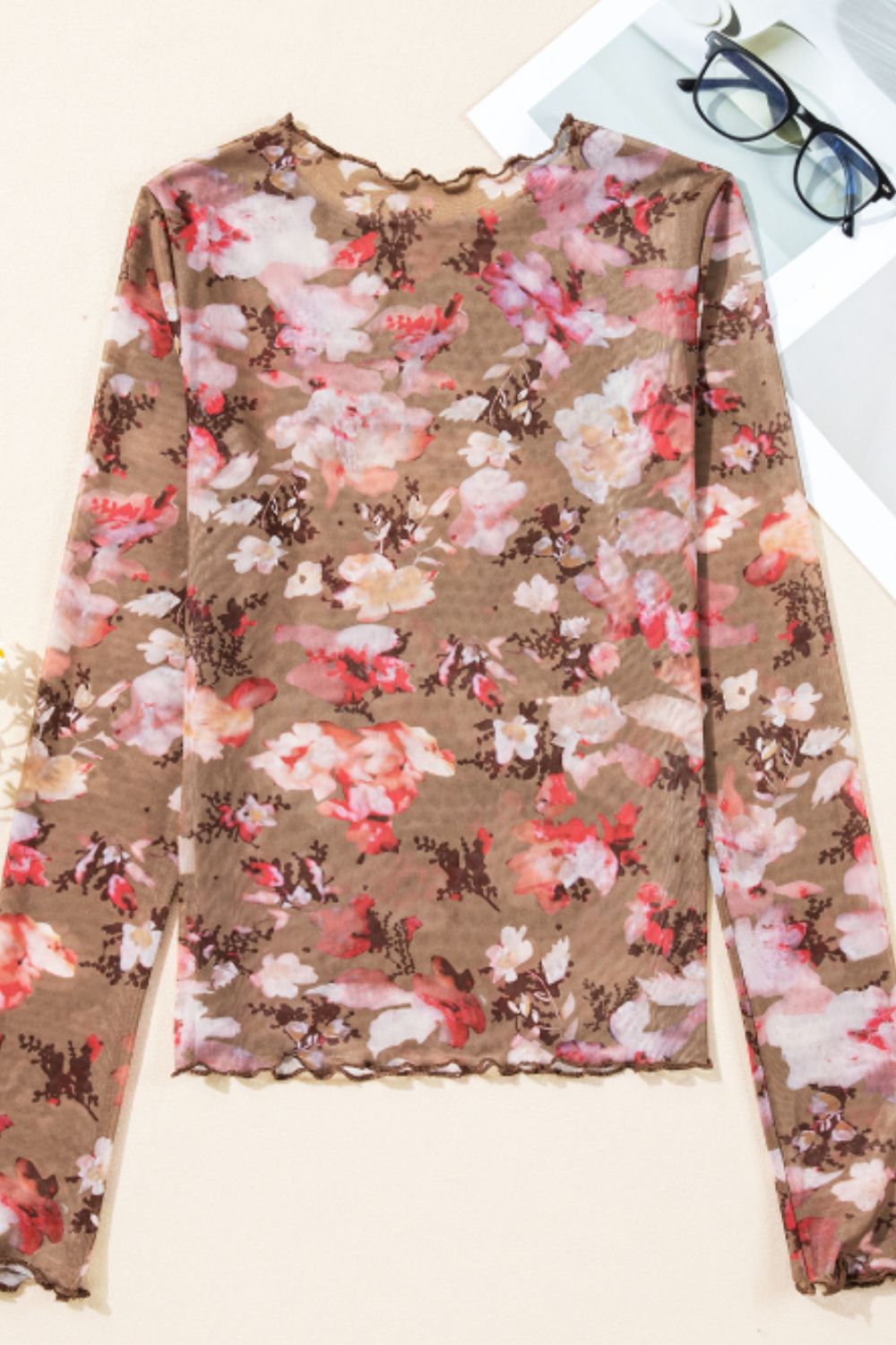Floral Mock Neck Long Sleeve Sheer Top - MyEmpired