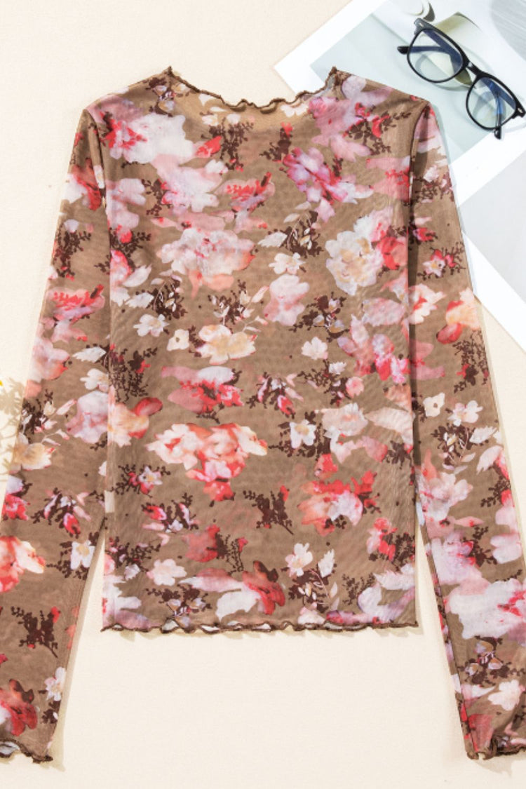 Floral Mock Neck Long Sleeve Sheer Top - MyEmpired