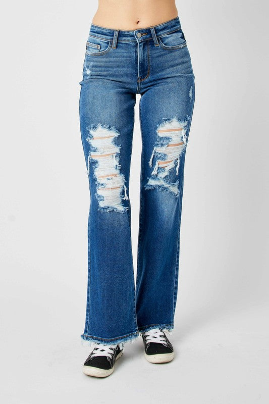 Judy Blue Full Size Mid Rise Distressed Raw Hem Jeans - MyEmpired