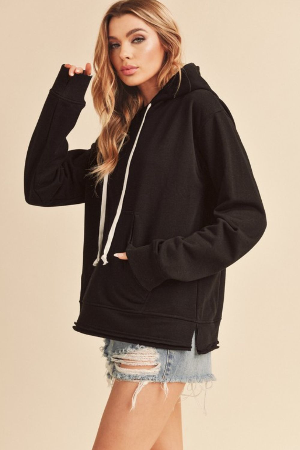 Aemi + Co Raw Hem Kangaroo Pocketed Drawstring Hoodie - MyEmpired