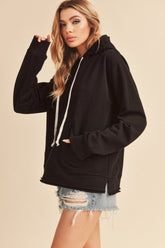 Aemi + Co Raw Hem Kangaroo Pocketed Drawstring Hoodie - MyEmpired
