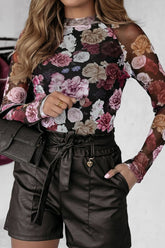 Floral Mock Neck Long Sleeve Mesh Top - MyEmpired