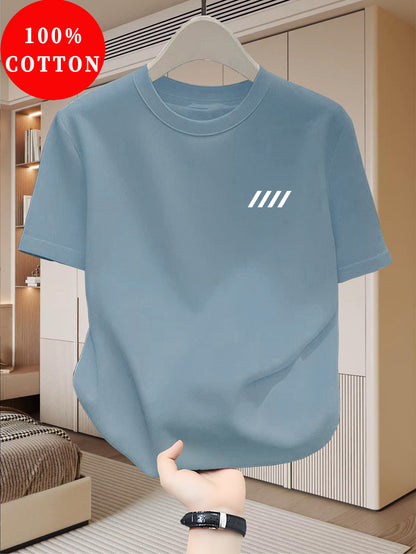 Men's 100% Cotton T-Shirt, Simple Print Design, Basic Cotton Top for Men, Suitable for Daily Summer Wear