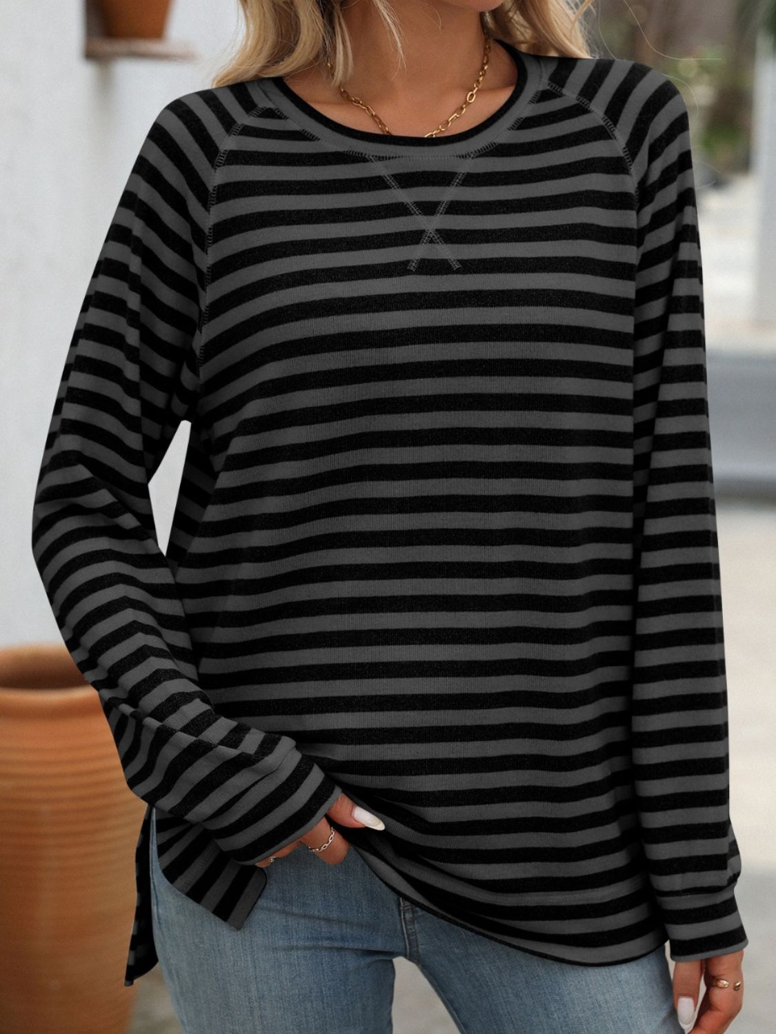 Mandy Striped Round Neck Long Sleeve T-Shirt - MyEmpired