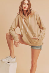 Aemi + Co Raw Hem Kangaroo Pocketed Drawstring Hoodie - MyEmpired