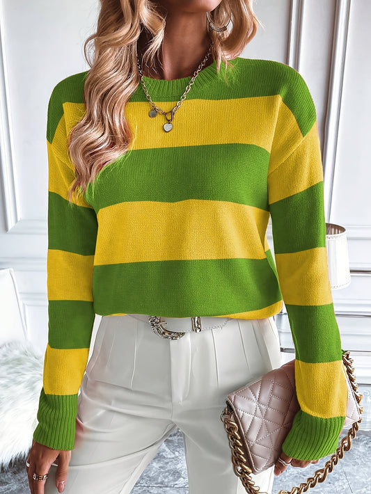 Women's Casual Color Block Striped Knit Sweater - Crew Neck, Long Sleeve Pullover for Fall/Winter