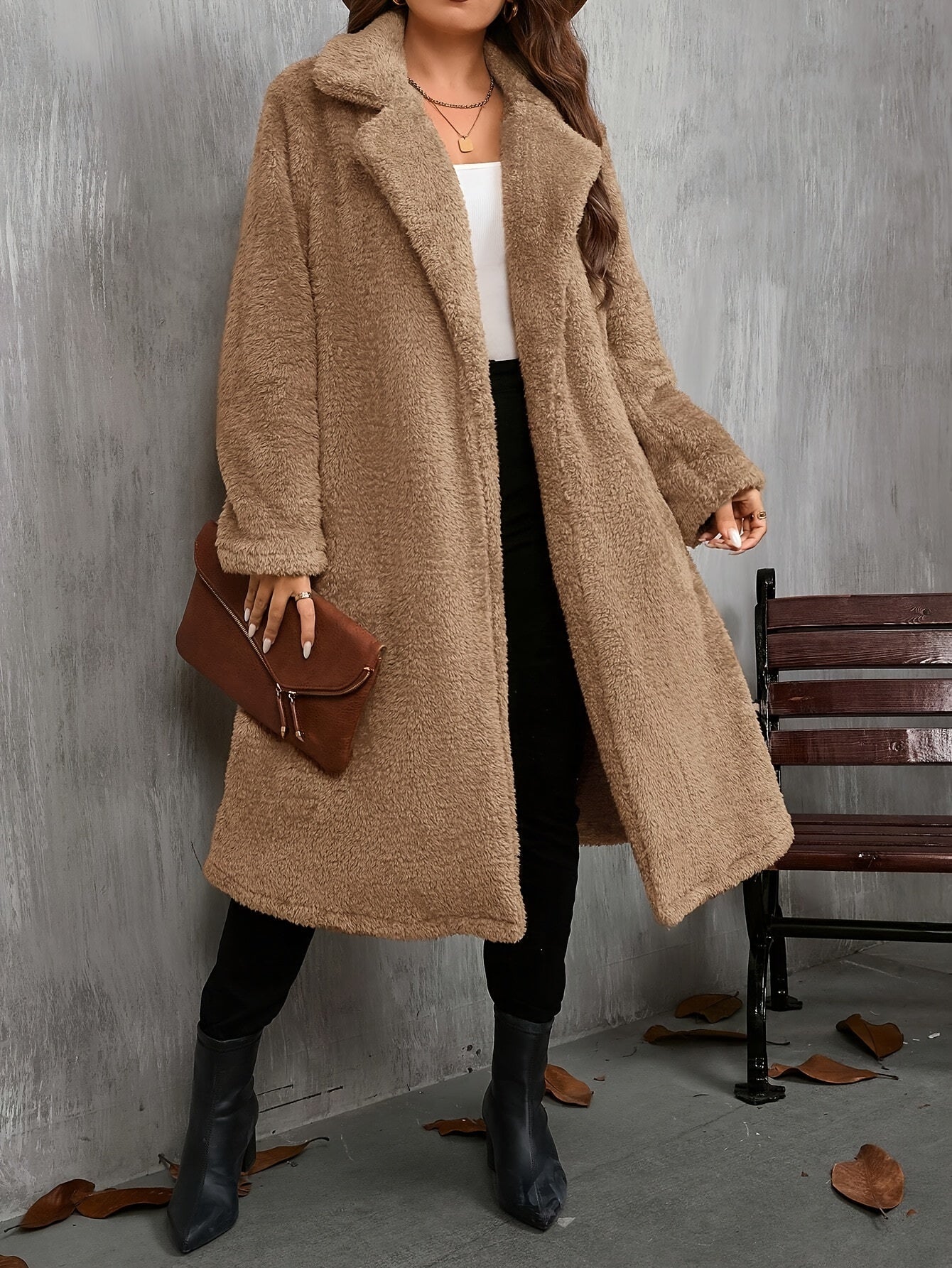 Elegant Solid Color Long Sleeve Jacket for Women - Chic Lapel Collar, Casual Long Coat for Fall/Winter, Machine Washable