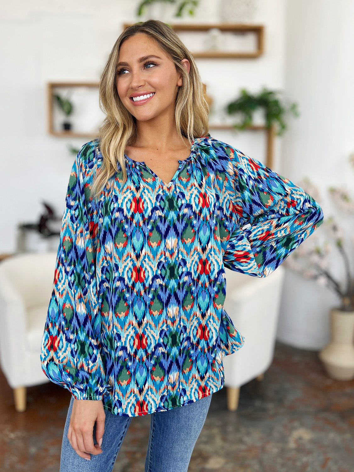 Double Take Full Size Printed Balloon Sleeve Blouse - MyEmpired