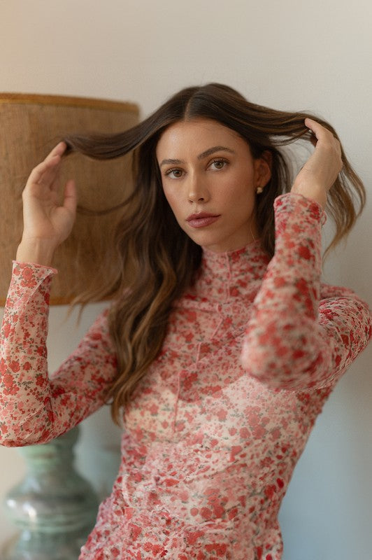 Annie Wear Floral Lettuce Hem Sheer Mesh Top - MyEmpired