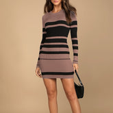 Elegant Striped Sweater Dress for Women - Viscose Blend Bodycon Knit Fabric with Color Block Design, Crew Neck, Long Sleeves - MyEmpired