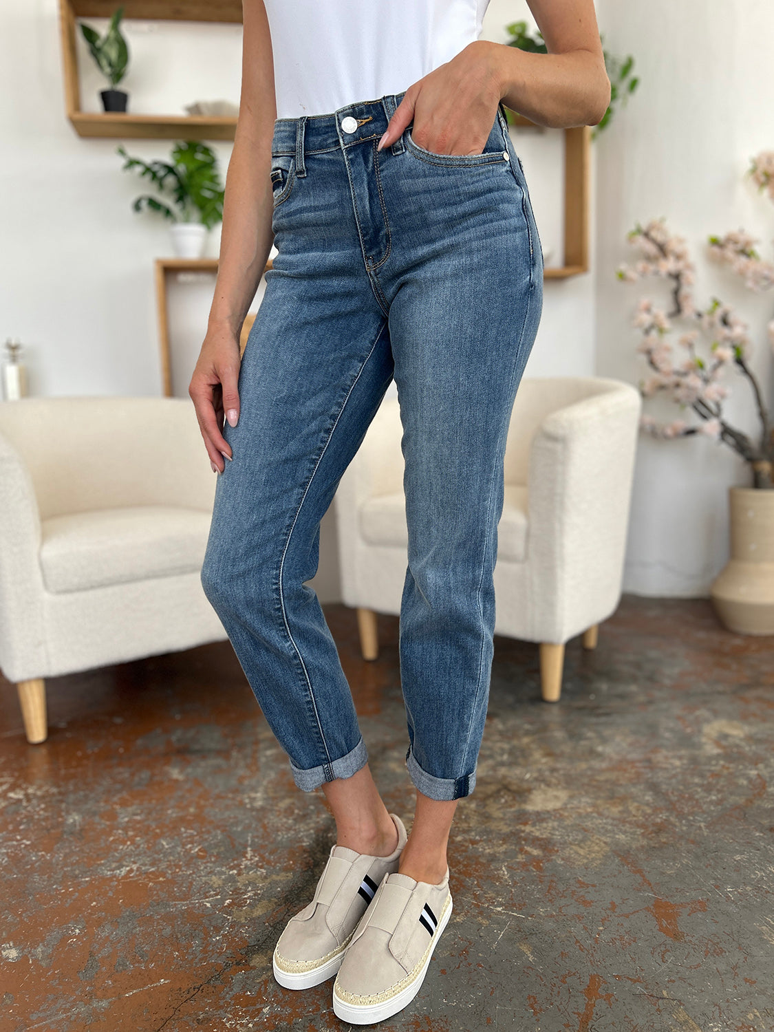 Judy Blue Full Size Cuffed Hem Slim Jeans - MyEmpired