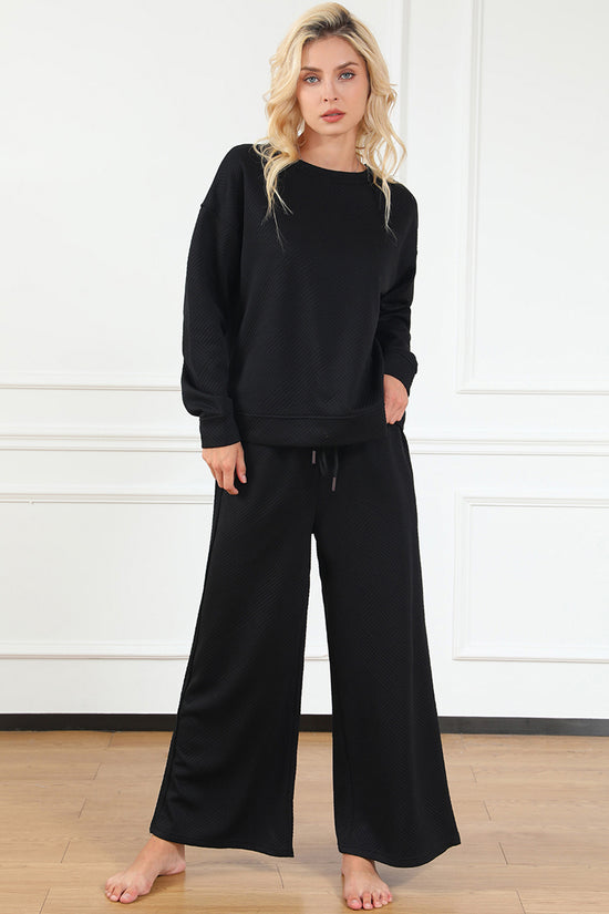 Double Take Full Size Textured Long Sleeve Top and Drawstring Pants Set - MyEmpired