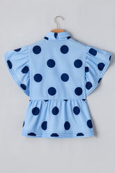 Polka Dot Print Ruffled Short Sleeve Buttoned Collared Blouse - MyEmpired