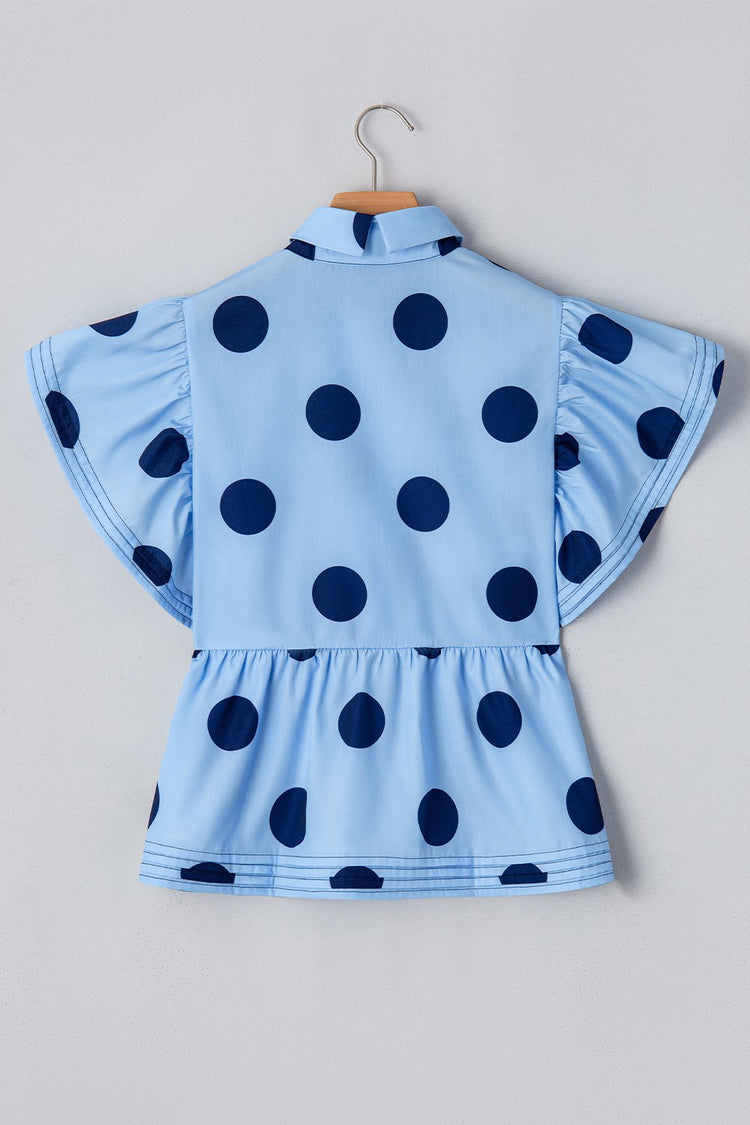 Polka Dot Print Ruffled Short Sleeve Buttoned Collared Blouse - MyEmpired
