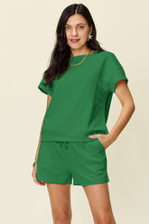 Double Take Full Size Texture Short Sleeve T-Shirt and Drawstring Shorts Set - MyEmpired
